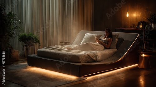 Cozy Bedroom Setting with Woman Reading in Soft Ambient Light