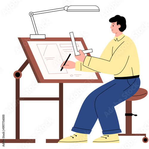 Creative man working on architectural design with drafting tools