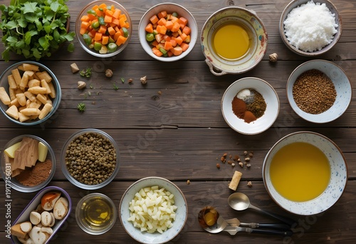 Assorted ingredients and spices arranged for culinary preparation on a wooden surface. food preperation