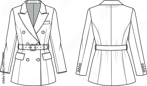 Women's Double Breasted Blazer Jacket with Belt Technical Fashion Flat Sketch Vector Illustration Front and Back View Mockup Design Template