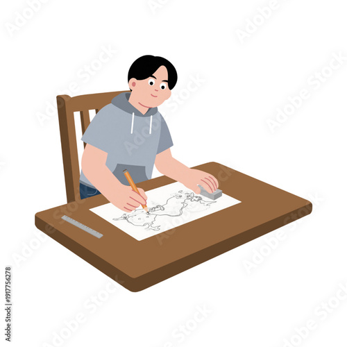 Young artist creating illustration with pencil and eraser on paper