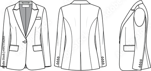 Women's Tailored Blazer Suit Jacket Technical Fashion Illustration Vector Flat Sketch with Front, Back, and Side Views Template