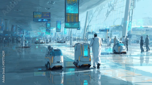 Futuristic airport scene with automated vehicles and bustling travelers