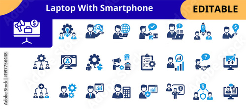 Professional Remote Work Laptop Icons Set Editable Graphics