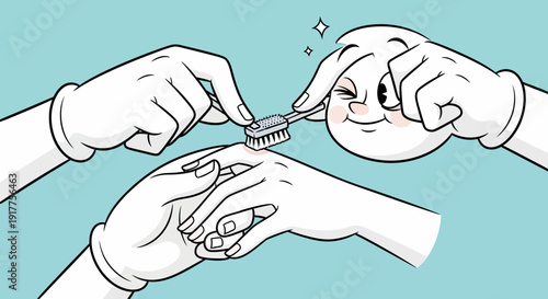 Cartoon hands brushing an egg concept health and hygiene illustration