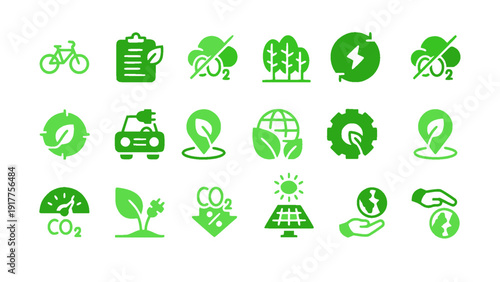 A detailed icon set representing environmental care, CO2 reduction, green energy, electric vehicles, and sustainability initiatives.