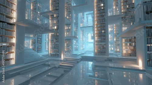 Futuristic Library Interior with Modern Architecture and Soft Lighting