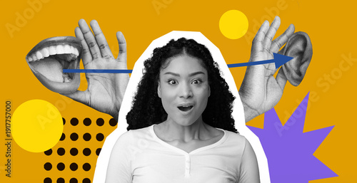 A woman with curly hair shows a surprised expression in a collage. Hands depict talking and listening while colorful shapes surround her. This set emphasizes communication and emotions.
