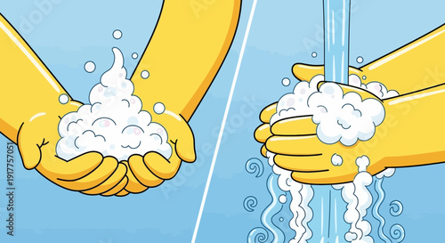 Cartoon hands washing with soap and water clean hygiene vector illustration