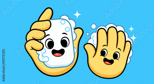 Cartoon hands washing with soap in clean illustration on blue background