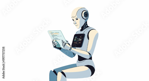 A sleek humanoid robot sits, intently analyzing lines of code displayed on a futuristic transparent tablet, symbolizing AI.