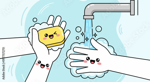 Cartoon hands washing with soap under a running faucet against a light blue backdrop