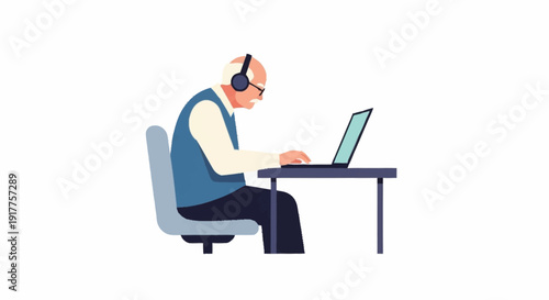 Senior man wearing headphones and glasses, focused on typing on a laptop computer while sitting at a desk.