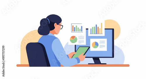 Professional woman analyzing business data and statistics using a computer and tablet with multiple charts.