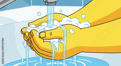 Cartoon hands washing with water and soap bubbles in a bathroom setting