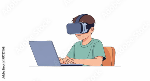 A person immersed in virtual reality, typing on a laptop, exploring digital worlds.