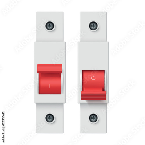 An illustration of modular circuit breakers designed to protect electrical circuits. Equipped with clear on off indicators, they are suitable for a variety of electrical installations.