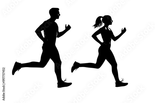 Couple Running Together in Sync Silhouette Vector for Partnership Fitness and Marathon Training Concept