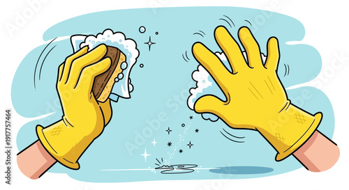 Cartoon hands with gloves cleaning surface with sponge and soap