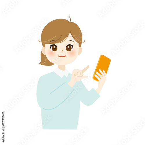 笑顔でスマホを操作する女性のイラスト