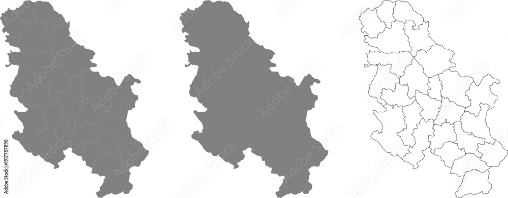 Obraz premium Serbia country outline map with administrative divisions and textured fill illustrations showing geographical borders and regions for European cartography