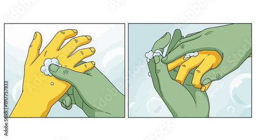 Cartoon illustration of hands washing with soap in two panels