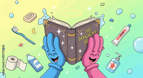 Cartoon illustration of hygiene book with soap toothbrush and accessories