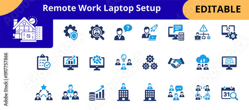 Remote Work Laptop Setup with Business Icons Vector Illustration