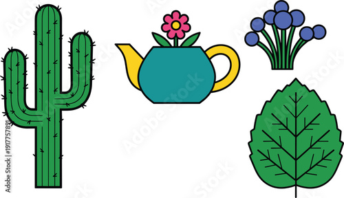 Desert cactus and garden planter icons set, colorful vector illustrations with tall saguaro, blooming teapot flower pot, blue berries and green leaf isolated on white background.