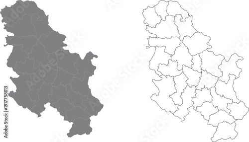 Blank map of Serbia showing its administrative divisions in gray and outline versions isolated on white background illustration