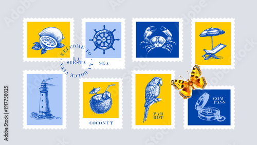 Vintage summer Italian Mediterranean coastal postage stamp collage set. Hand drawn vector illustration. Amalfi sketch and watercolor beach vacation design.