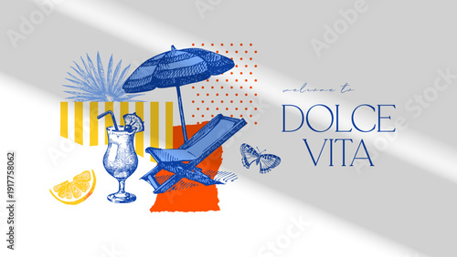 Hand drawn sketch tropical collage. Dolce vita summer vibe. Vintage summer Italy Mediterranean coastal vacation banner. Vector illustration