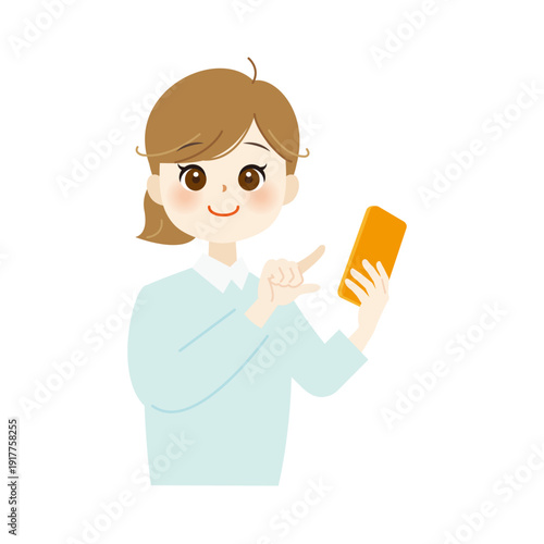 笑顔でスマホを操作する女性のイラスト