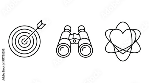 Vision, mission and values editable stroke outline icons set isolated on white background flat vector illustration.