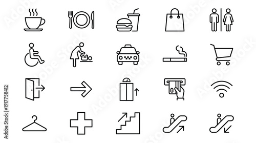 Toilet, food court, elevator, exit door and public navigation concept editable stroke outline icons set isolated on white background flat vector illustration.