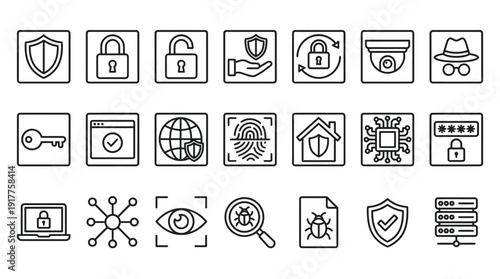Safety, security and protection concept editable stroke outline icons set isolated on white background flat vector illustration.
