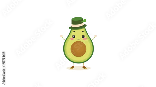 cute avocado wearing a hat and raising both hands