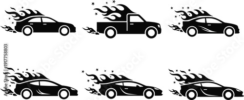 Fast racing cars and sports vehicles with fire flames, black silhouette icons set of sedan, pickup truck and supercars isolated on white background.