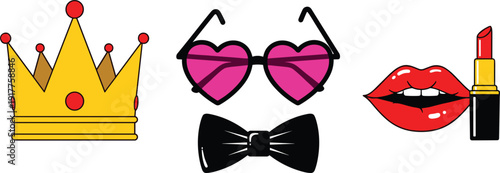 Fashion and party accessories set, colorful vector icons with golden queen crown, pink heart shaped sunglasses, black bow tie and red lipstick on lips isolated on white background.