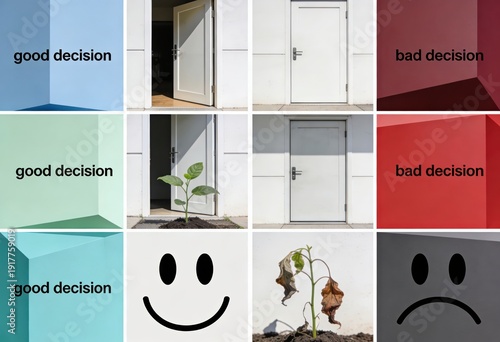 Visual representation of contrasting choices illustrating good decision frameworks and negative outcomes showcasing emotions and outcomes conveying decision making dynamics