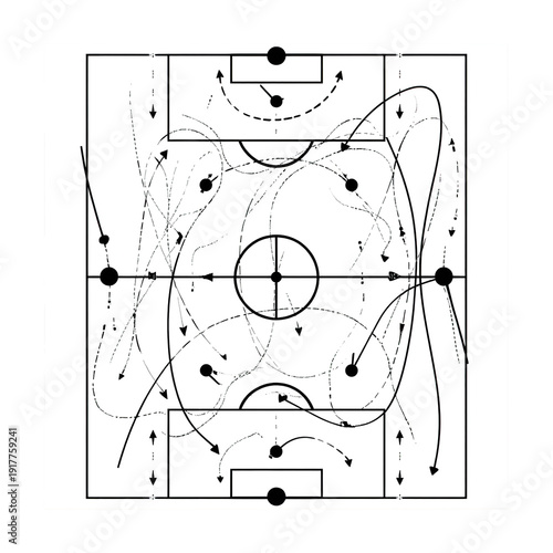 Soccer tactics diagram with player positions and movement arrows in black and white illustration for sports strategy planning