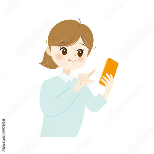 笑顔でスマホを操作する女性のイラスト