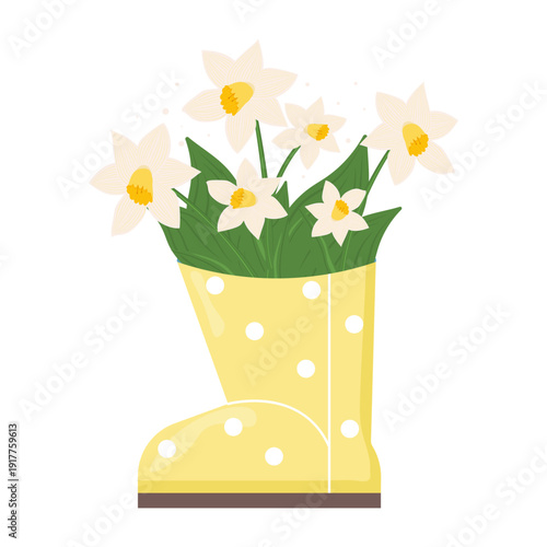 Spring daffodils in yellow rain boot – seasonal floral vector illustration