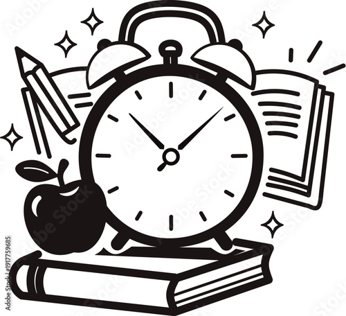 Alarm clock on book stack. School time and daily study schedule outline