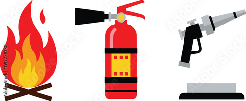 Fire safety and firefighting equipment set, colorful vector icons with burning campfire, red fire extinguisher and professional water nozzle isolated on white background.
