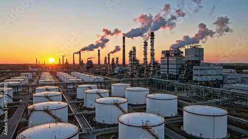 Wallpaper Mural Vast Industrial Complex With Smokestacks Emitting Steam Against a Sunset Sky Torontodigital.ca