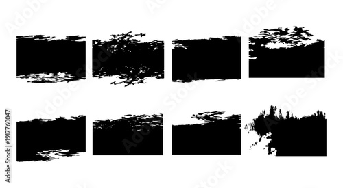 A collection of black grunge brush stroke rectangles, Each element features distressed textures and rough, ragged edges that create a strong artistic and edgy appearance.