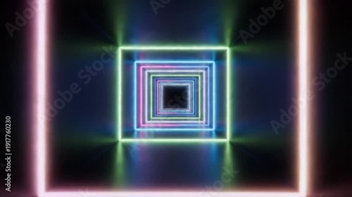 Vibrant neon squares tunnel with colorful glowing lights