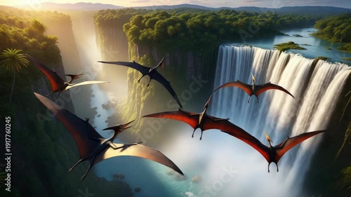 Flying reptiles over waterfall landscape