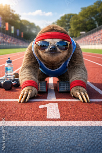 Sloth Athlete Preparing For Race On Track